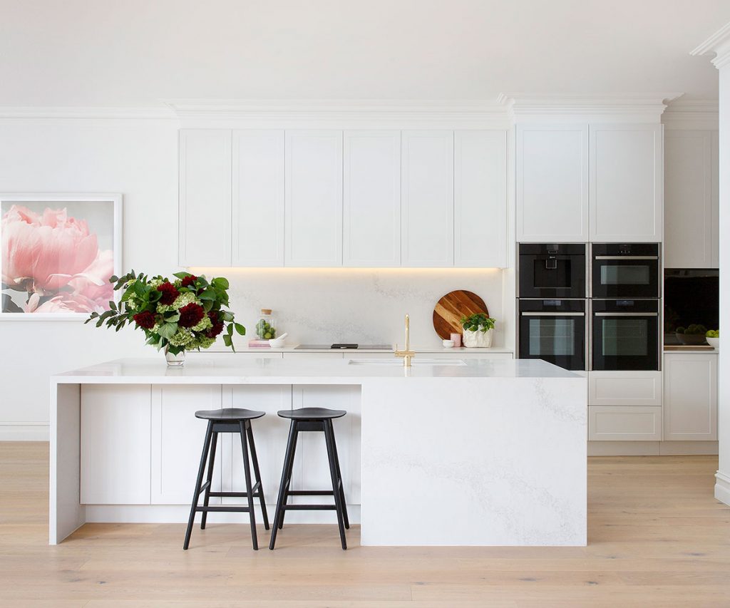 mid range kitchen renovation on the gold coast. All white hamptons glamour style