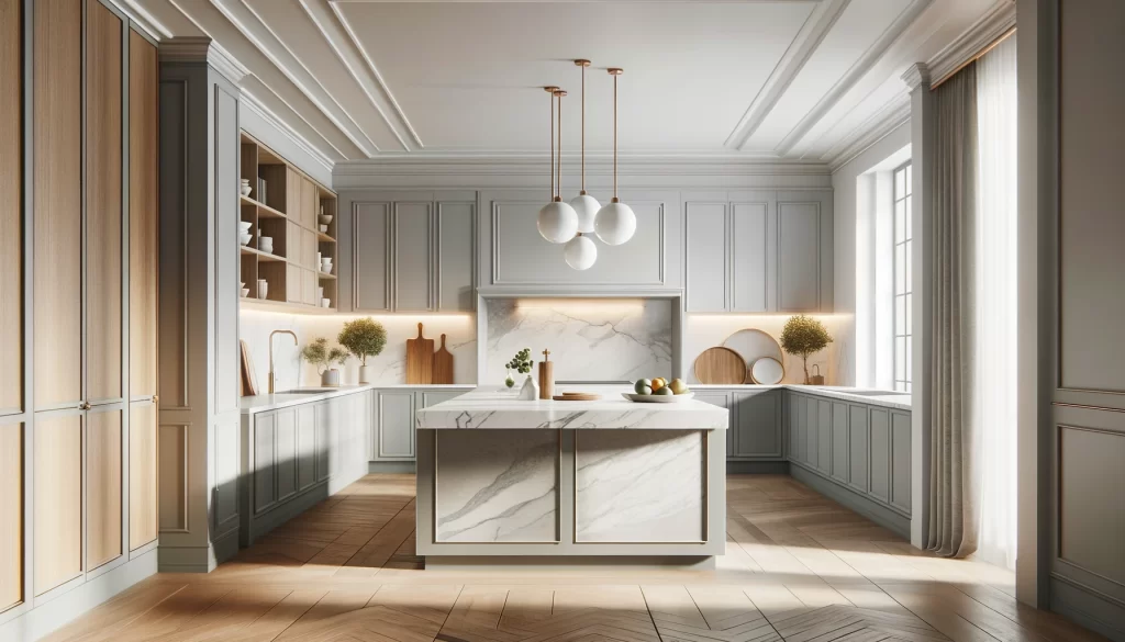 An image depicting a modern kitchen with a neutral colour palette, featuring white marble countertops, grey cabinets, and wooden accents. The kitchen