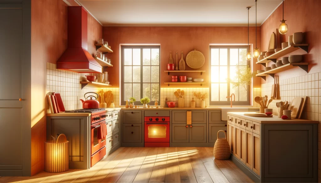 An image depicting a modern kitchen with a warm colour palette, featuring red accents on appliances, terracotta walls, and soft yellow lighting. 