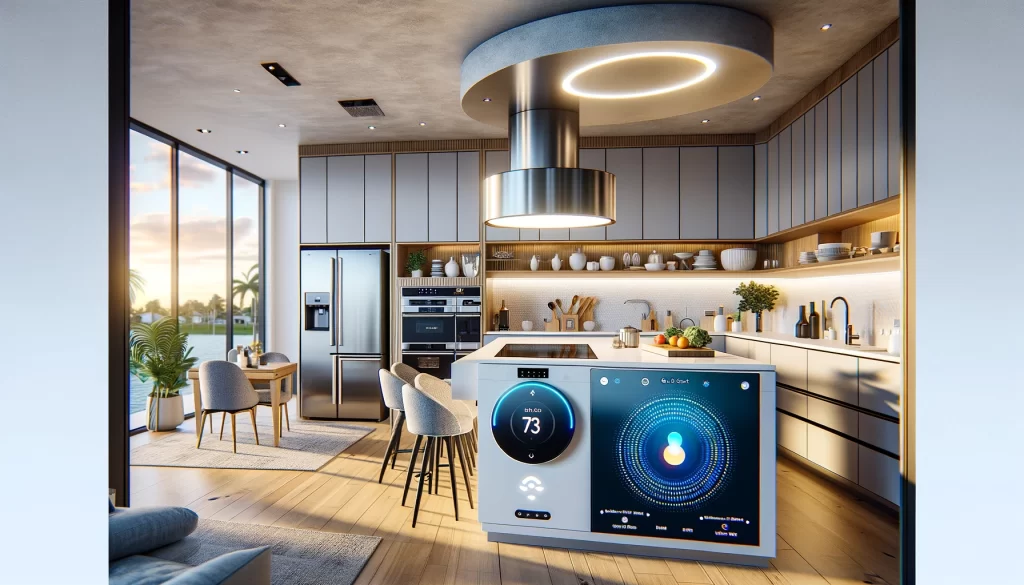 An image showcasing a modern kitchen renovation on the Gold Coast, featuring smart technology seamlessly integrated into the design.