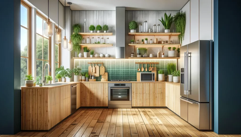 A modern, eco-friendly kitchen featuring bamboo cabinetry, recycled glass countertops, and energy-efficient appliances, blending seamlessly with the natural environment.