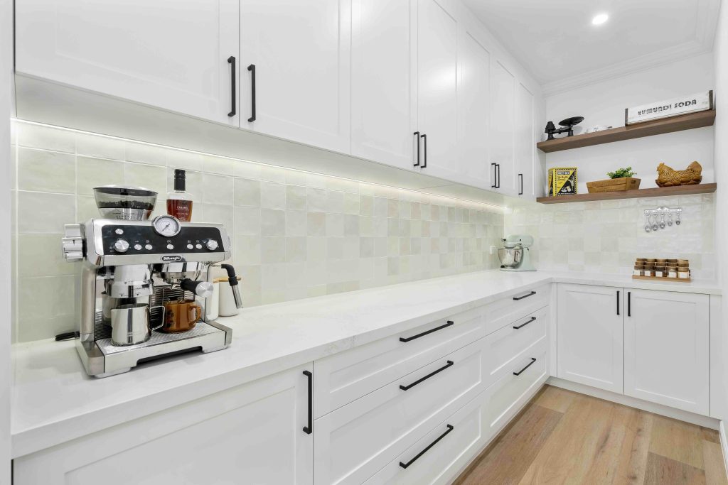 Wood marble and white custom cabinetry 