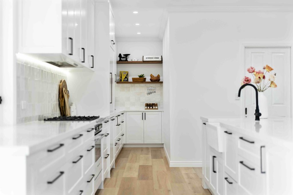 Modern marble wood and white kitchen in Robina 